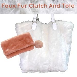 Faux Fur White Tote And Pink Clutch Bag.
